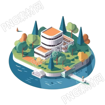 湖畔建筑与树木插画