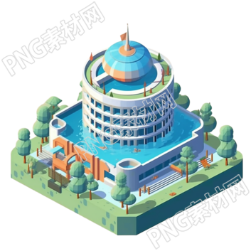 湖畔建筑树木背景插画元素