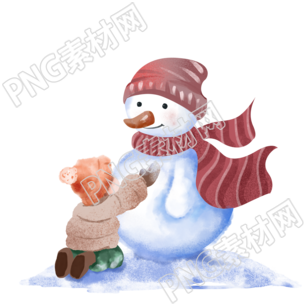 小雪时节堆雪人的小男孩PNG插画
