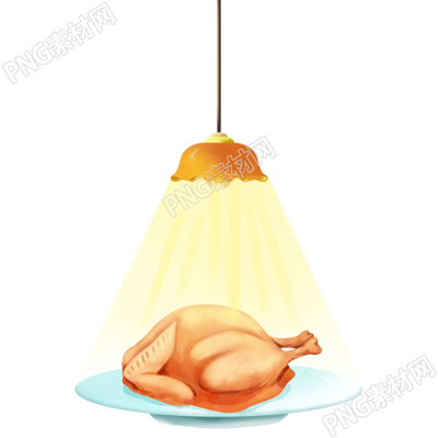 手绘感恩节灯光下的美味烤火鸡插画