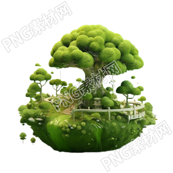 可爱的绿色树木和小木屋透明背景素材