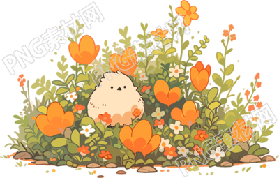 花丛中的可爱小鸡透明背景插画