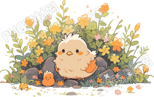 花丛边的可爱小鸡插画素材