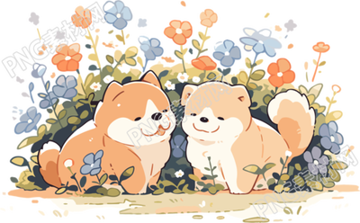 清新可爱的花田中两只小狗PNG插画