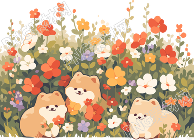 可商用插画花田狗狗卡通PNG素材