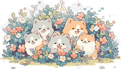北欧风格花田小狗透明背景插画