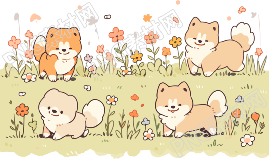 清新花田四只可爱小狗插画素材