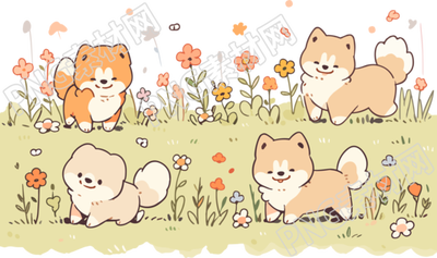 清新花田四只可爱小狗插画素材