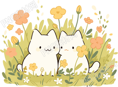 花卉田园场景中的猫猫可商用插画设计