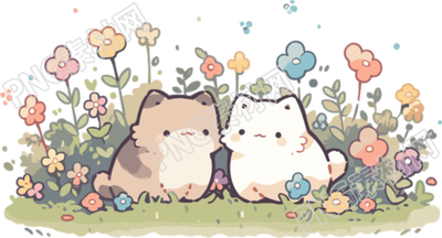 彩色花园中的猫咪创意设计素材
