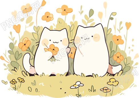 清新花园中两只可爱猫咪的简约插图