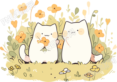 清新花园中两只可爱猫咪的简约插图