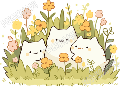 可爱的白色猫咪和小花插画元素