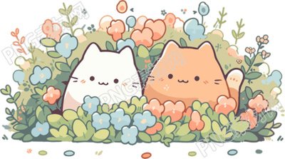 两只可爱猫咪在花园中简约涂鸦插画