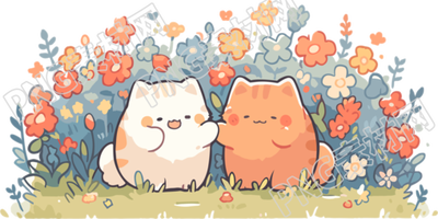 简约线描花田中两只可爱猫咪插画