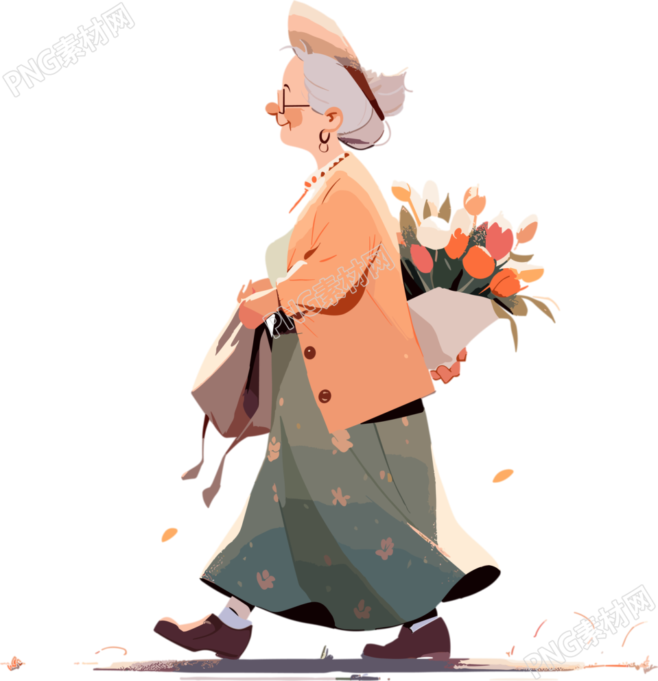 可商用老太太和鲜花创意插画