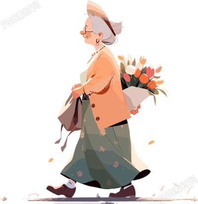 可商用老太太和鲜花创意插画