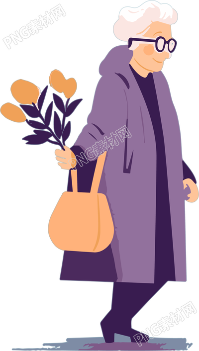 优雅老太太手捧鲜花平面插画