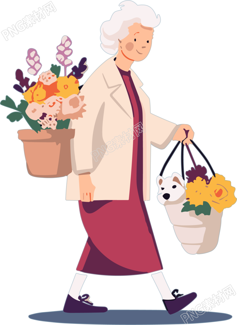 迷你扁平插画老年妇女手持鲜花元素