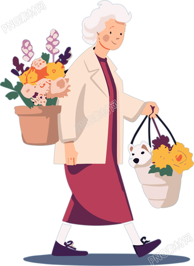 迷你扁平插画老年妇女手持鲜花元素