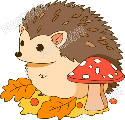 手绘刺猬小蘑菇在落叶上的插画