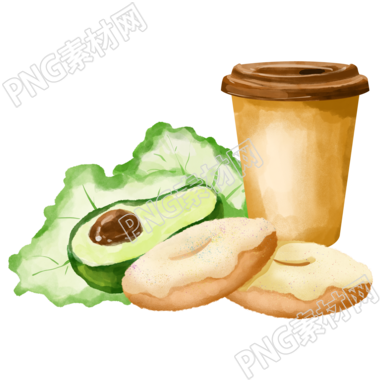 透明背景咖啡杯牛油果甜甜圈美味插画