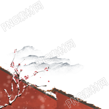 手绘国风远山红墙寒梅小雪节气素材