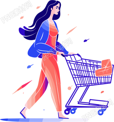 简约女生推购物车购物矢量图