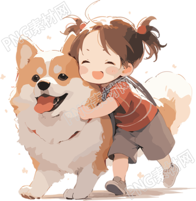 胖乎乎的狗狗和小女孩可爱简笔画插画