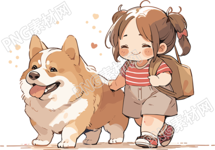 可爱狗狗和小女孩简笔水彩插画