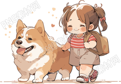 可爱狗狗和小女孩简笔水彩插画