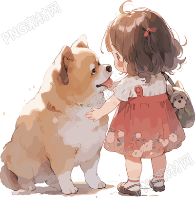 小女孩背影和可爱狗狗插画