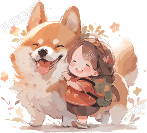 可爱简笔画胖柯基和小女孩创意素材