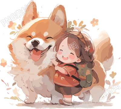 可爱简笔画胖柯基和小女孩创意素材