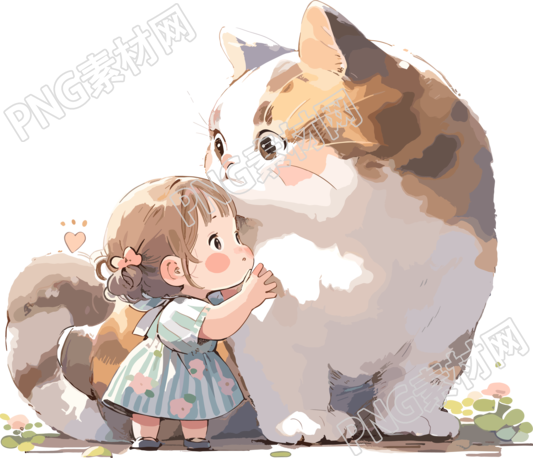 可爱动物陪伴小女孩彩绘插图