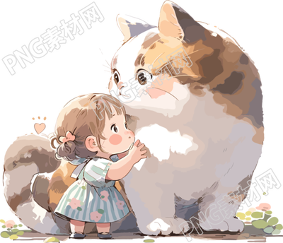 可爱动物陪伴小女孩彩绘插图