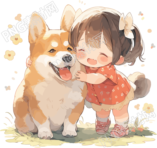 可爱小女孩和圆滚滚的狗狗开心的插画