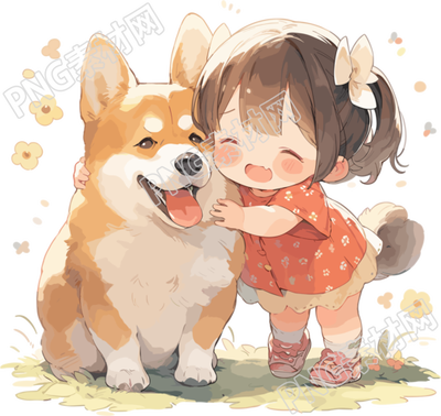 可爱小女孩和圆滚滚的狗狗开心的插画