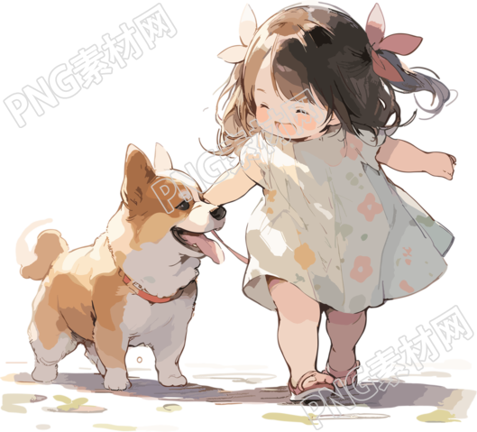 可爱动物携小女孩白色背景插画