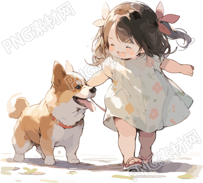可爱动物携小女孩白色背景插画