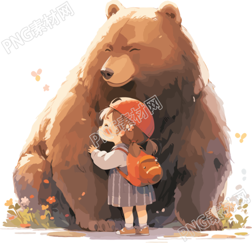 棕熊怀里的小女孩可爱简单插画设计元素