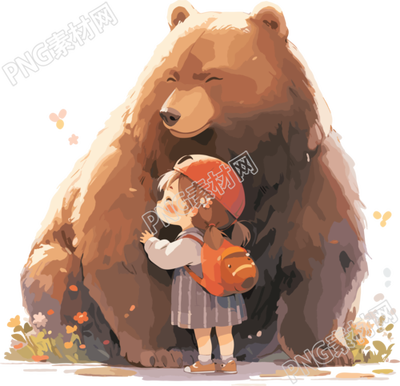棕熊怀里的小女孩可爱简单插画设计元素