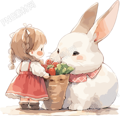 连衣裙小女孩和白兔可爱简笔画水彩素材