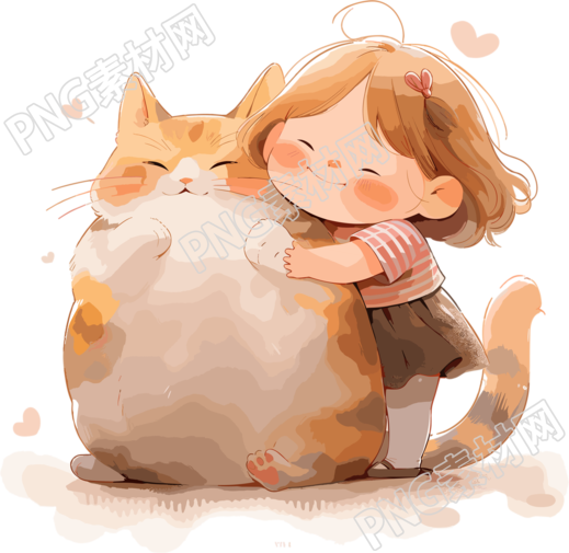 儿童绘本可爱的猫猫抱着小女孩插图