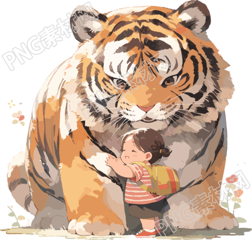 搞怪小老虎和可爱小女孩插画PNG