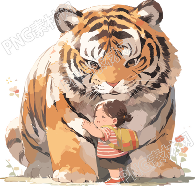 搞怪小老虎和可愛小女孩插畫PNG