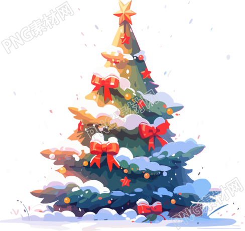 落雪的圣诞树红色蝴蝶结插图
