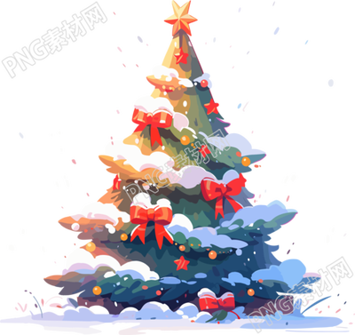 落雪的圣诞树红色蝴蝶结插图