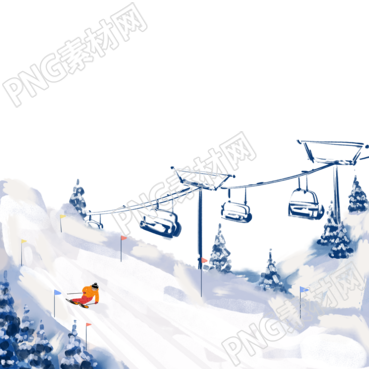 透明背景纜車和滑雪少年手繪插畫