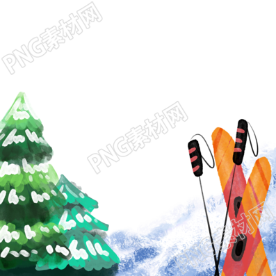 冬日滑雪落雪的松樹和滑雪板插畫